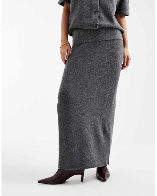 Pieces Gray Foldover Waist Knitted Midi Skirt Co-Ord