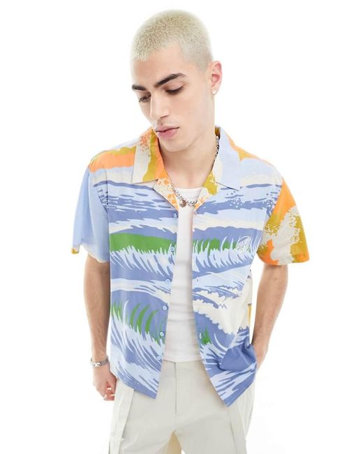 Santa Cruz Blue Wave Print Short Sleeve Revere Shirt for men