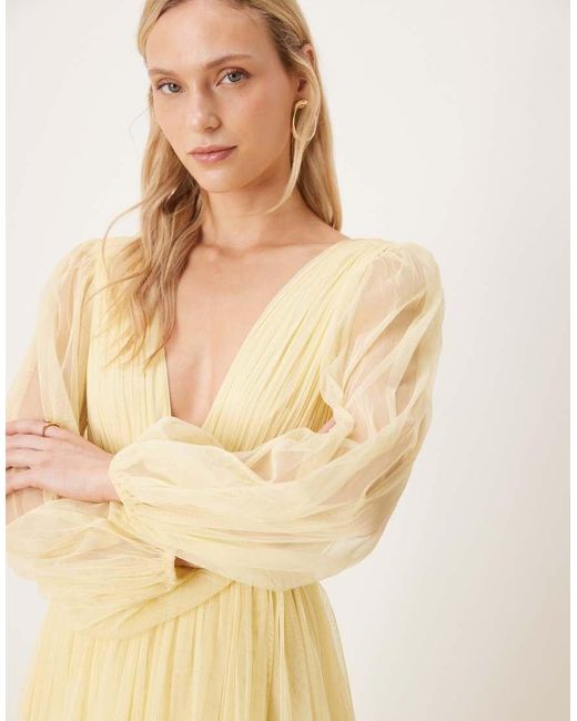 LACE & BEADS Natural Tulle V Neck Sheer Sleeve Maxi Dress