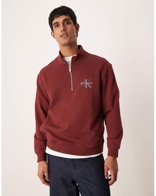 Calvin Klein Red Monologo Quarter Zip Jumper for men