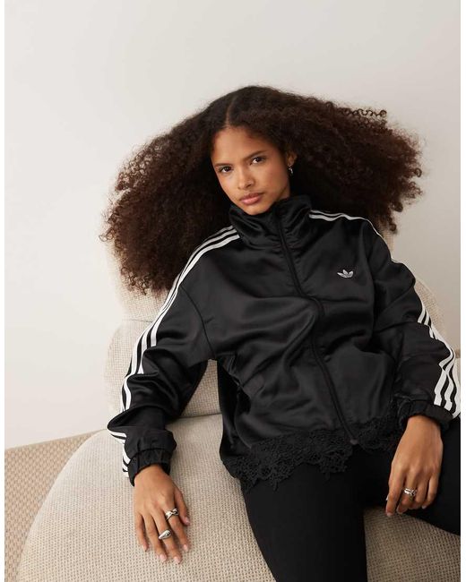 Adidas Originals Black Satin Firebird Track Top With Lace Hem