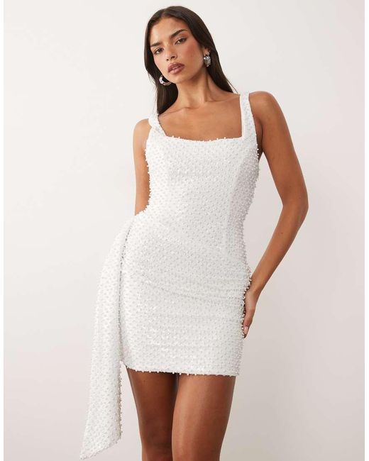 Oh Polly Natural Embellished Square Neck Draped Detail Mini Dress