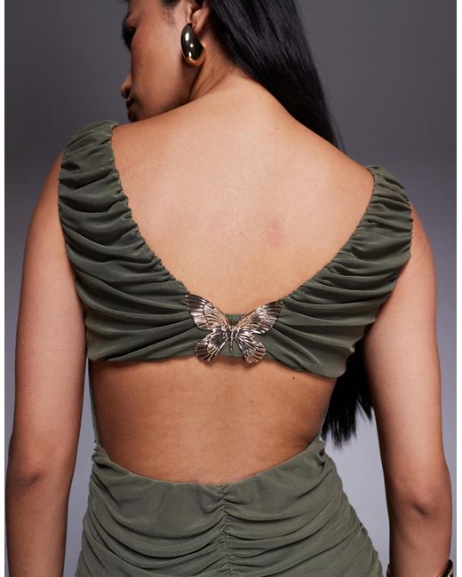 ASOS Gray Plunge With Ruching And Open Back With Gold Butterfly Trim Mesh Maxi Dress
