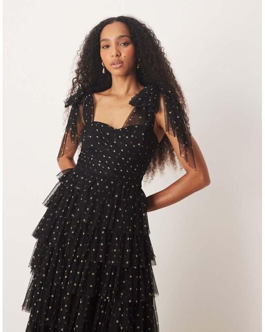 LACE & BEADS Black Bow Shoulder Tiered Tulle Maxi Dress