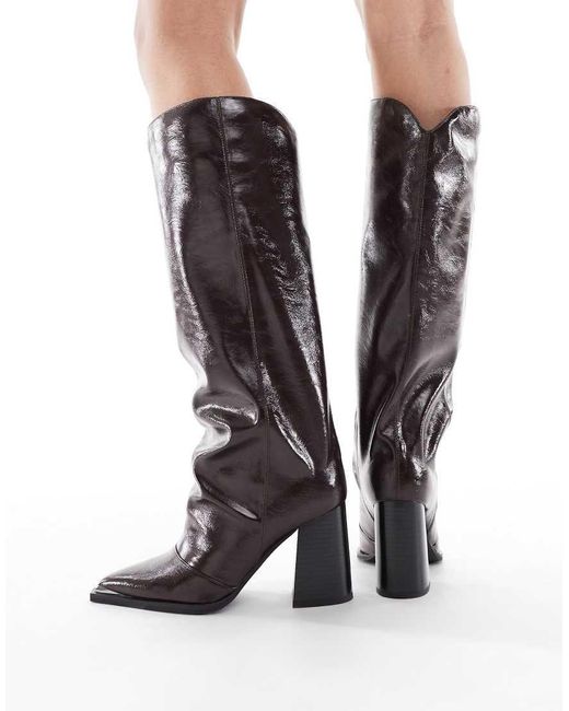 London Rebel Brown Zoe Slouchy Block Heel Knee Boots