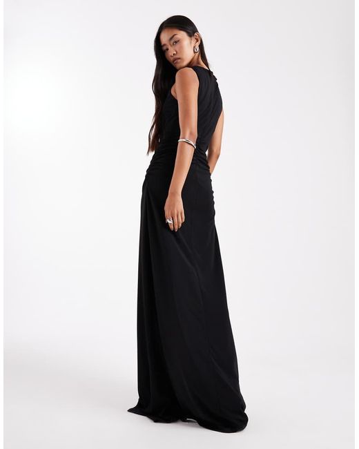 Six Stories Black Bridesmaids Stretch High Neck Sleeveless Maxi Dress With Ruched Front