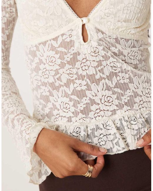 Motel White Roselle Long Sleeve Lace Ruffle-edged Top