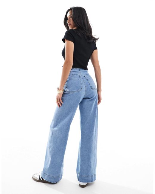 Stradivarius Blue Petite D77 Staight Leg Jean With Button Detail