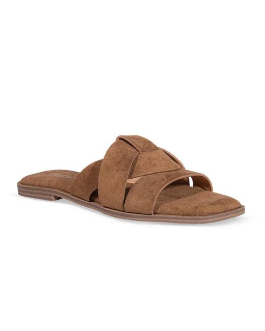 SEQWL Wide Fit Brown Flat Mules Minimalist Slides With Crossover Strap Detail