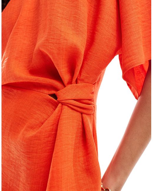 ASOS Orange Angel Sleeve Drape Waist Tab Detail Midi Dress