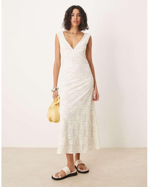ASOS Natural Lace V Front Midi Dress With Frill Hem