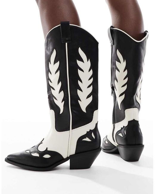 SEQWL Wide Fit Black Embossed Western Boots