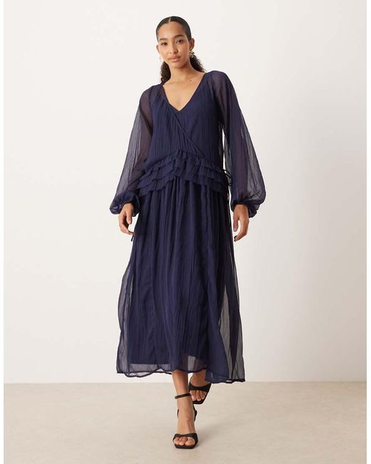 ASOS Blue V Neck Smock Midi Dress With Ruffles