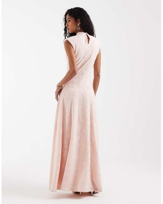Pretty Lavish Pink Dropped Waist High Neck Textured Floral Maxi Dress