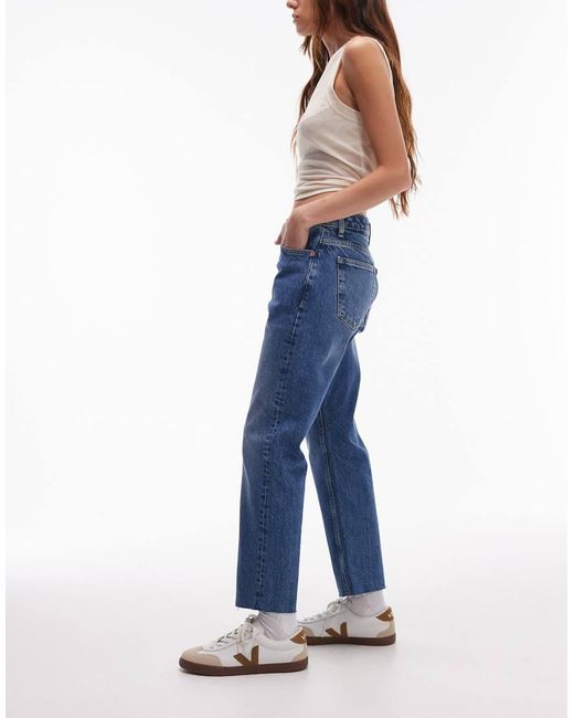 TOPSHOP Blue Mid Rise Straight Cropped Jean With Raw Hems