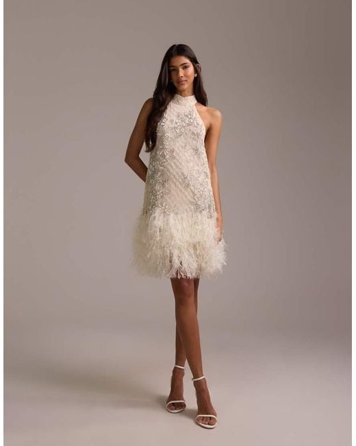 ASOS Natural Floral Embellished Halter Mini Wedding Dress With Fringe Hem