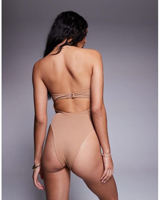 ASOS Brown Sue Bandeau Swimsuit With Swirl Trim