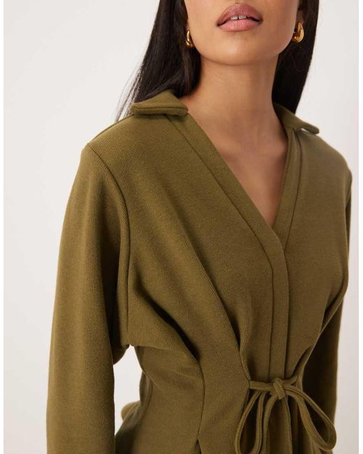 ASOS Green Supersoft Tie Detail Cinched Long Sleeve Polo Top