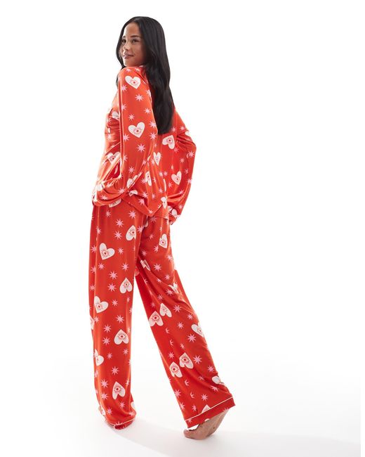 Loungeable Red Super Soft Jersey Revere Top And Wide Leg Pajama Set