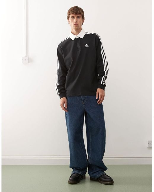 Adidas Originals Black Adicolor 3 Stripe Long Sleeve Polo for men