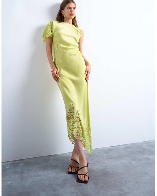 TOPSHOP Yellow Lace Insert Grown On Shoulder Midi Dress