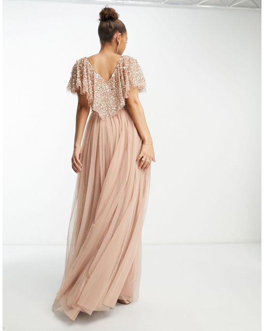 Beauut Natural Bridesmaid Emellished Bodice Maxi Dress With Flutter Sleeve