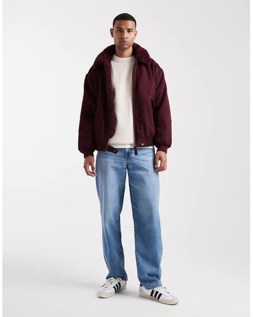 ASOS Red Wool Look Bomber Jacket With Faux Fur Collar for men