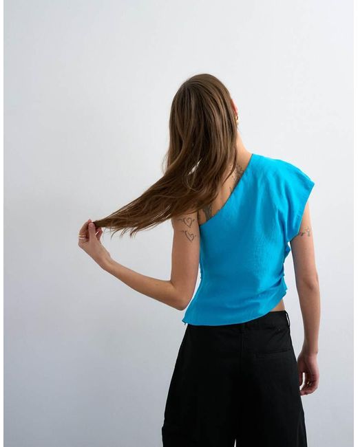 TOPSHOP Blue One Shoulder Top