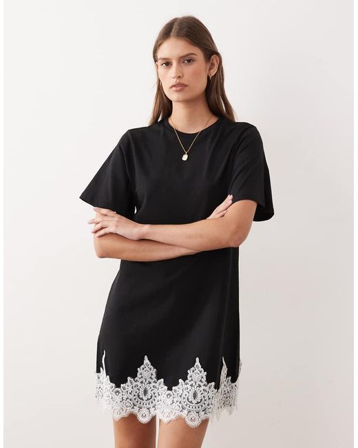 ASOS Black Short Sleeve Mini Dress Lace Trim Hem