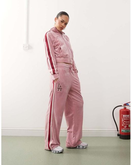 KTZ Pink La Dodgers Side Stripe Velour Wide Leg jogger Co-ord