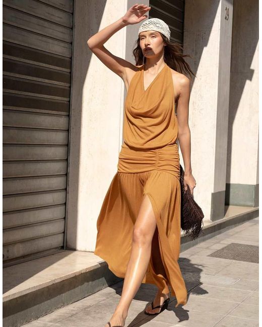 NA-KD Brown Halterneck Slit Maxi Dress