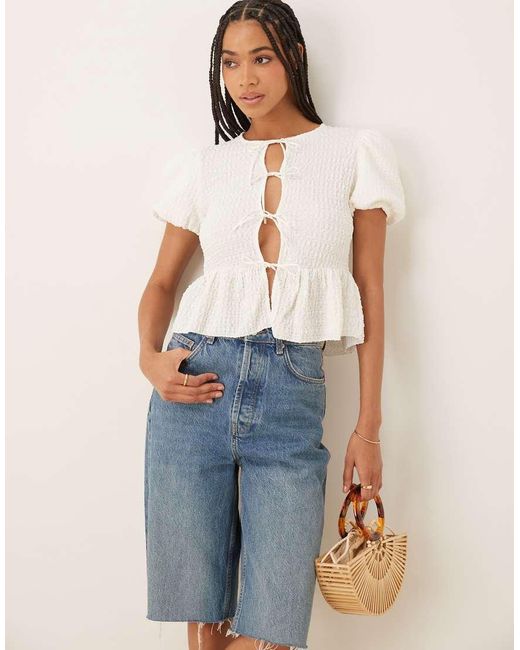 Mango Blue Crinkle Textures Tie Front Blouse