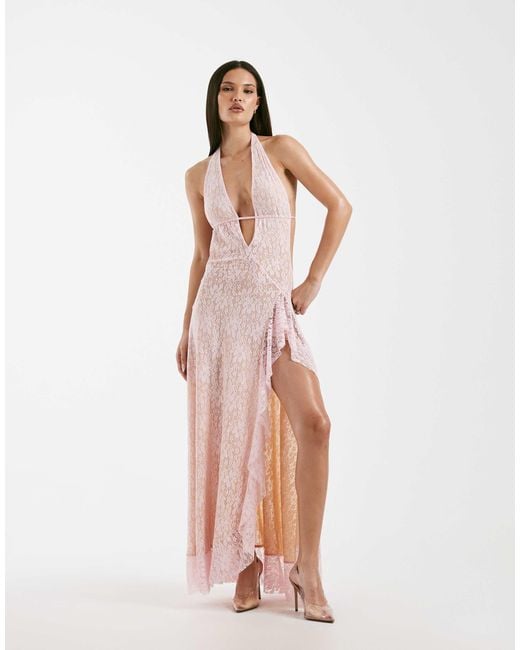 I.AM.GIA White Irisia Lace Plunge Halterneck Backless Thigh Split Maxi Dress