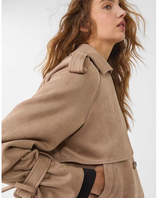 Stradivarius Natural Short Faux Suede Trench Coat