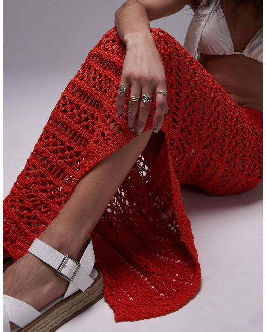 TOPSHOP Red Knitted Crochet Stitch Maxi Skirt