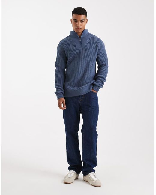 New Look Blue Fisherman Knit 1/4 Zip Jumper for men