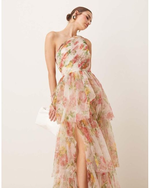LACE & BEADS Natural One Shoulder Tiered Tulle Maxi Dress