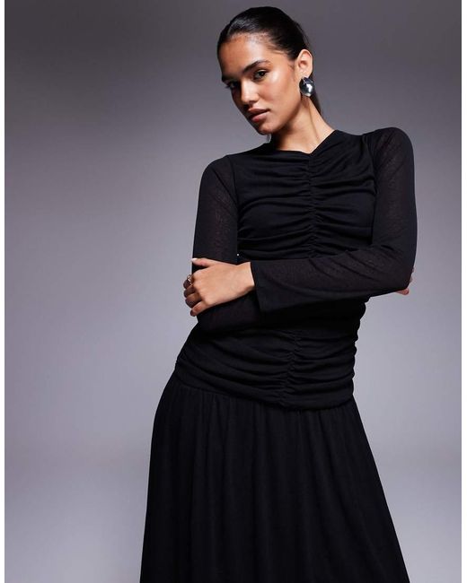 ASOS Blue Textured Ribbed Long Sleeve Ruched Front Maxi Dress