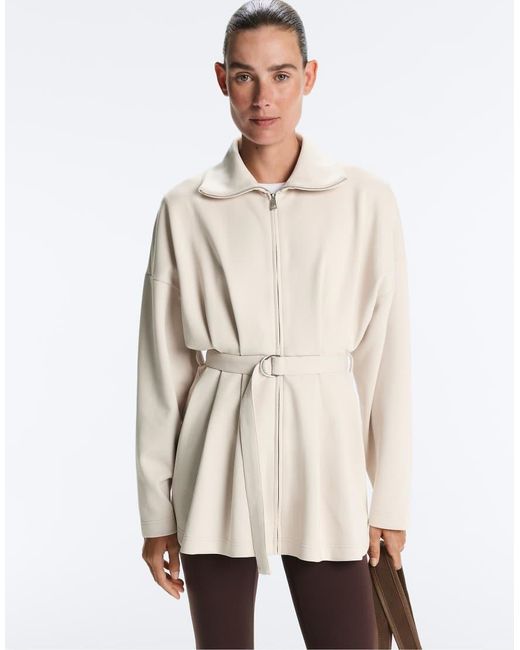 Oysho Natural Long Piqué Jacket With Belt And Pleat Detail