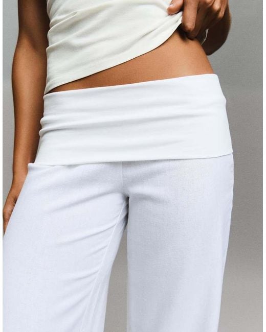 Bershka White Tall Turn-Up Waist Trousers