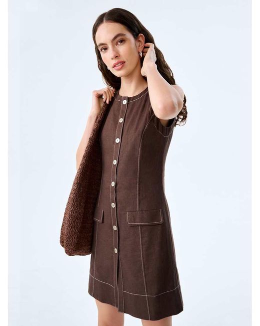 OMNES Brown Dresses Raphi Sleeveless, Tailored Linen Mini Dress