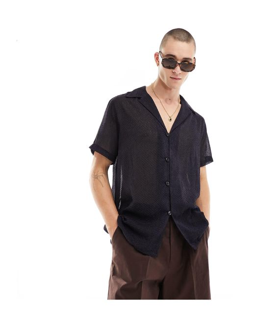 ASOS Blue Relaxed Fit Short Sleeve Revere Collar Sheer Shirt for men