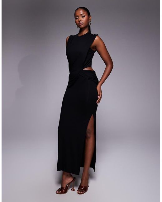 ASOS Blue High Neck Drape Detail Midi Dress With Cutout Waist