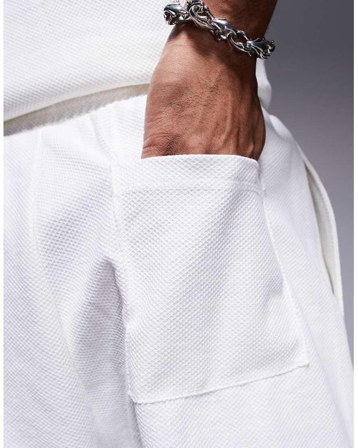Bershka White Textured Waffle Short Co-ord for men