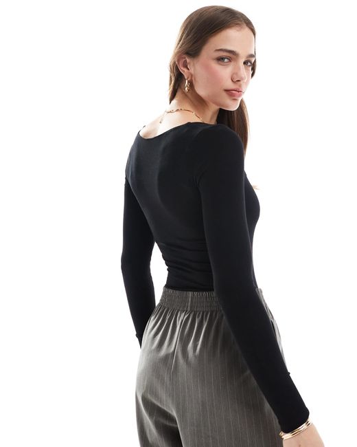 Miss Selfridge Black – langärmliger body mit eckigem ausschnitt