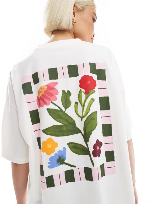 ASOS White Oversized Tee Stripe Border Floral Graphic