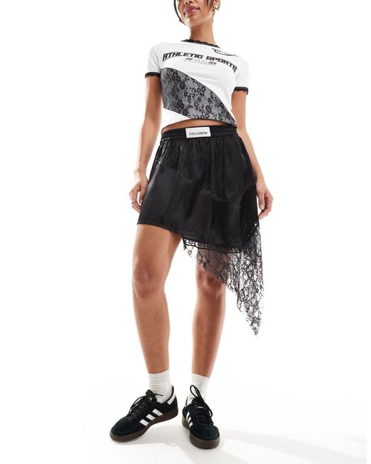 Collusion Black Asymmetric Mini Skirt With Satin And Lace Jacquard Mix
