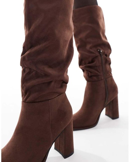 London Rebel Brown Maggie Slouchy Block Heel Boots