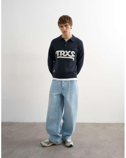 Topman Blue Classic Fit Knitted Rugby Polo With Applique Text for men