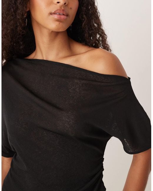 ASOS Black Mesh Semi Sheer Ruched Off Shoulder Top